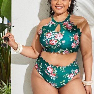Dark green floral high waisted bikini